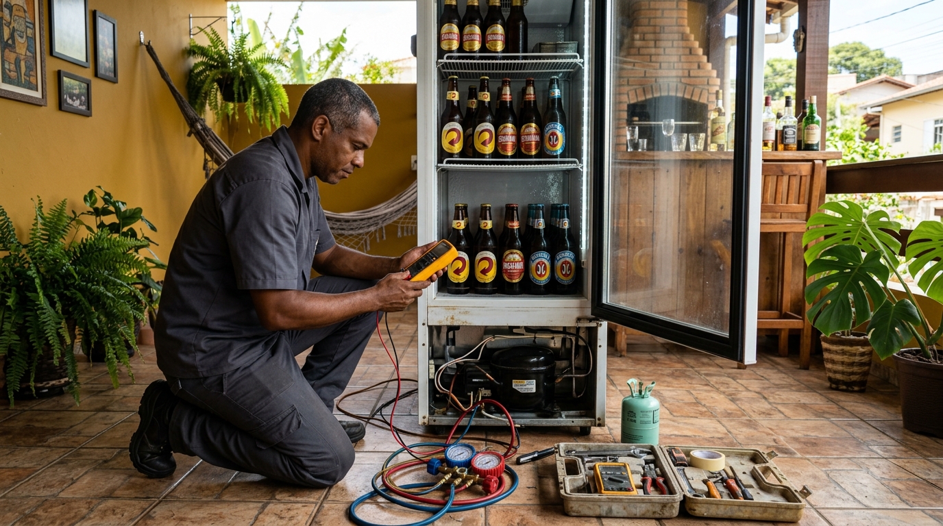 Placa eletrônica de cervejeira em reparo na bancada em Viamão‑RS