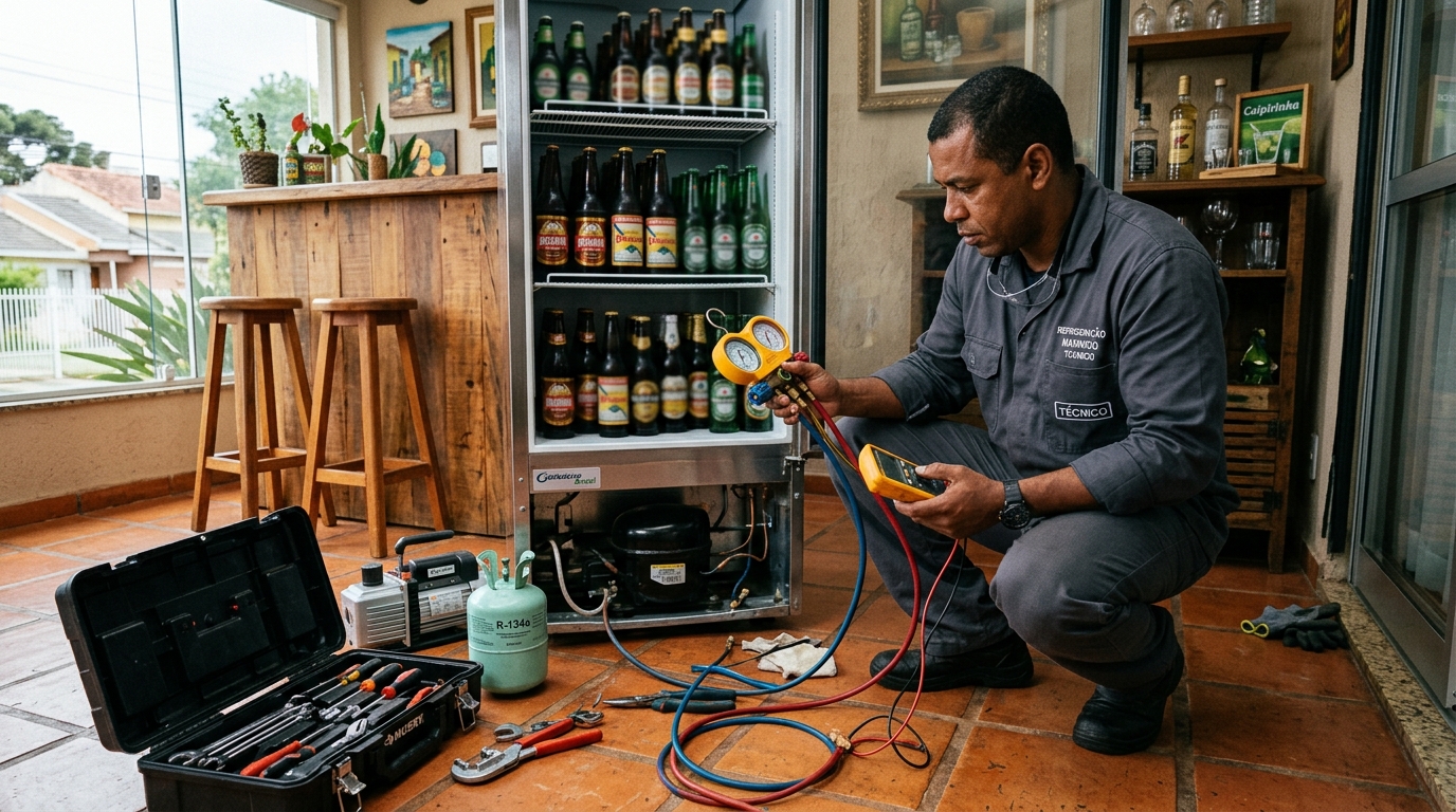 Técnico revisando o motor de uma cervejeira durante chamado em Viamão‑RS