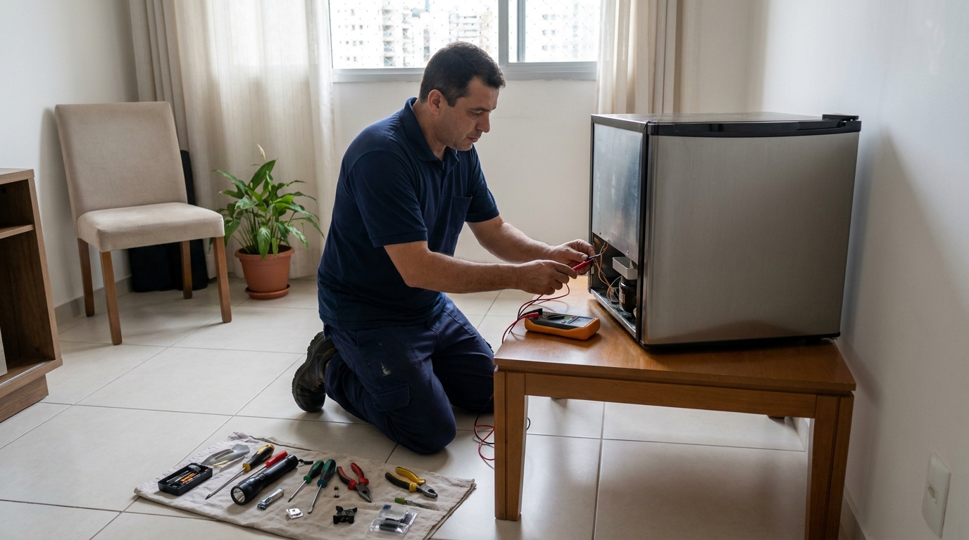 Técnico revisando o motor de um frigobar em Viamão‑RS