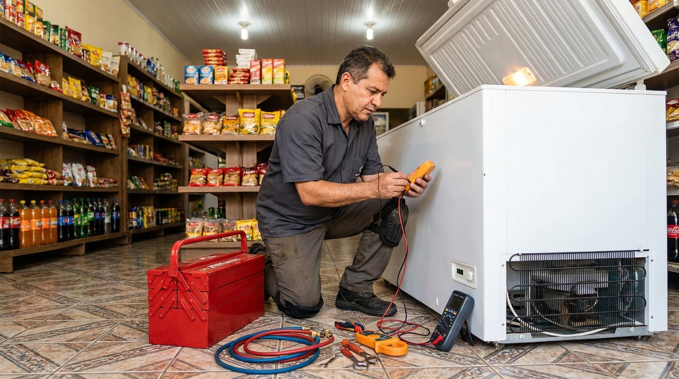 Manômetro conectado ao circuito durante recarga de gás de freezer em Viamão‑RS