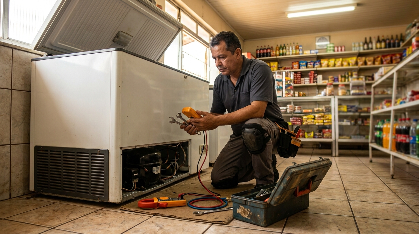 Técnico avaliando um freezer vertical durante atendimento em Viamão‑RS